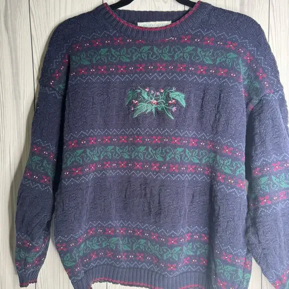 Vintage 90s Chelsea Gardens Floral Sweater Blue Lg Cottage Garden Granny USA - Picture 2 of 7